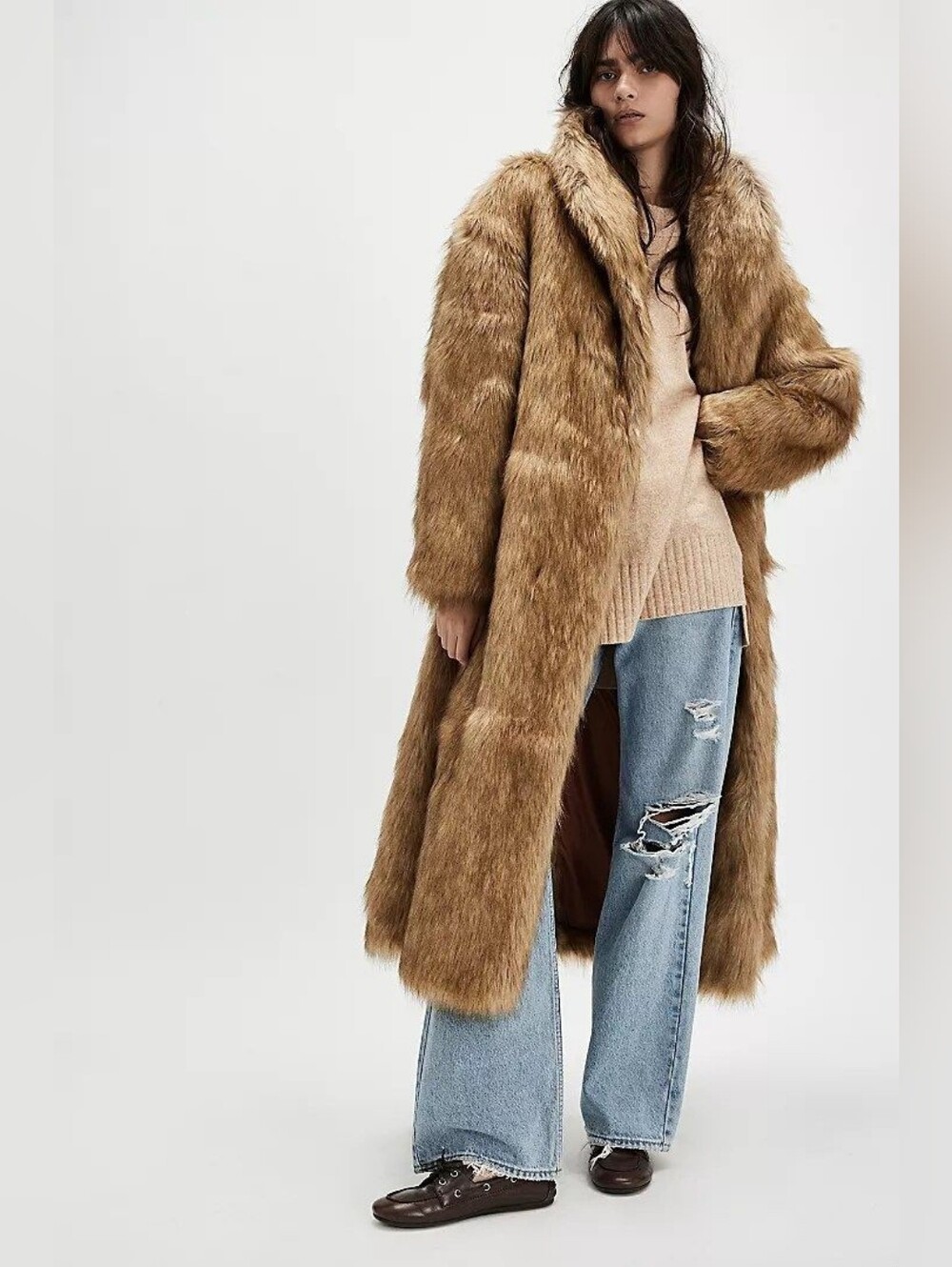⚡️Magaschoni Faux Fur Double-Breasted Midi Coat Tan. Sz M - LUXE Indie SLEAZE